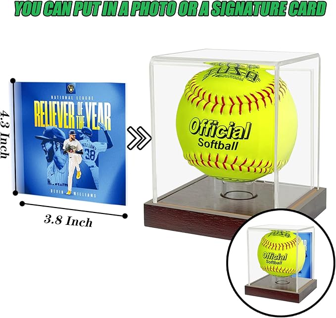 Softball Display Case Clear Soft Ball Holder for Display,UV Protected Cube with Wooden Base,Softball Display Case for 12 Inch Ball or 11 inch Ball Sports Ball Storage Collections (4×4×4.8 inches)