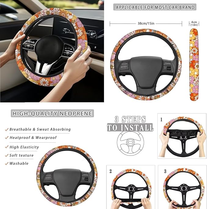 Hippie Flower Car Seat Covers Front Back Seat Cover Full Set with Car Steering Wheel Cover Safe Belt Pads Coasters Garbage Can Rear View Mirror Cover Keychain, 15 PCS