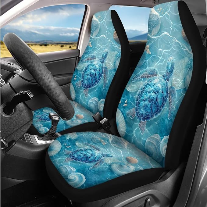 Bulopur Sea Turtle Automotive Seat Covers Front and Back with Car Steering Wheel Cover Non-Slip Armrest Pad Seat Belt Covers Keychain Automotive Interior Accessories Set 14 Pack
