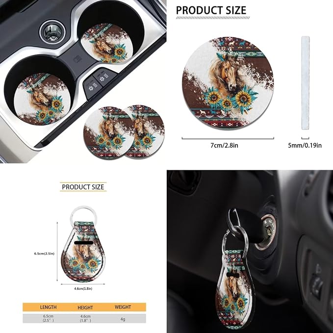 Southwestern Horse Car Seat Covers + Steering Wheel Cover, Keychain Armrest Pads, Universal Fit Automotive Interior Sets