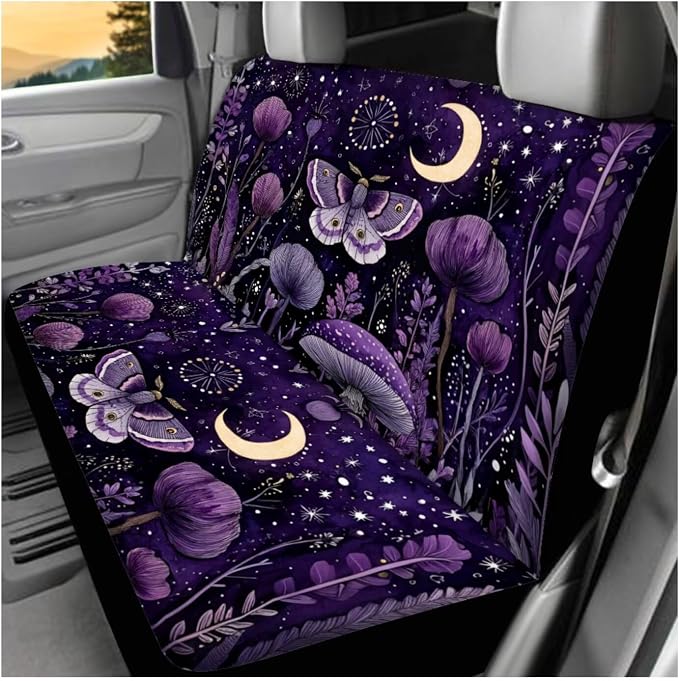 Ystardream Purple Moth Mushroom Car Seat Covers Full Set for Women Girly Car Seat Covers with Matching Steering Wheel Cover Machine Wash Automatic Interior Set,Easy to Install
