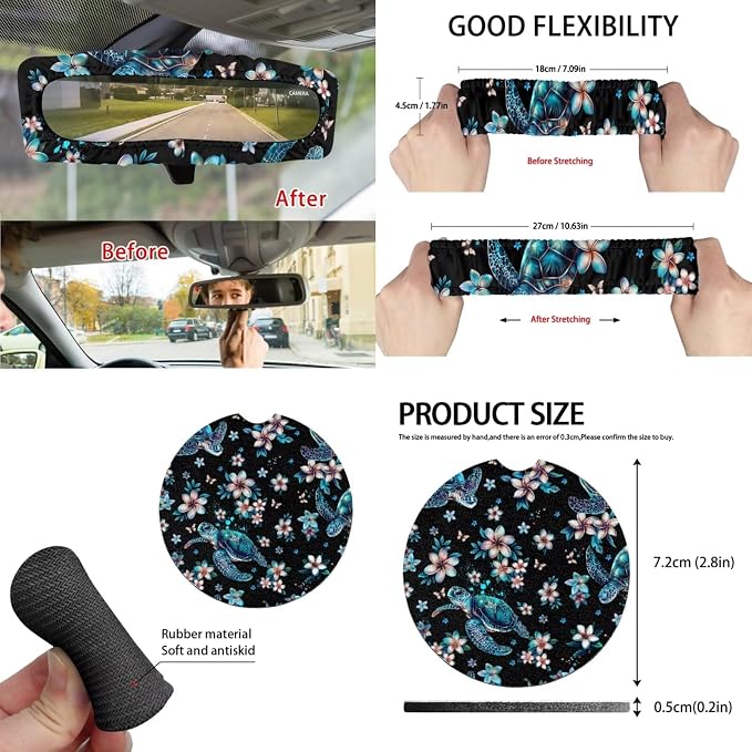 Plumeria Sea Turtle Auto Interior Accessories Car Seat Covers with Auto Steering Wheel Cover Seat Belt Covers Car Trash Can View Mirror Cover Coaster Keychains
