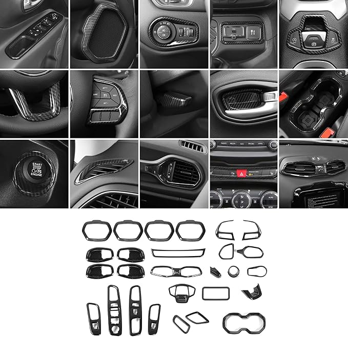 CheroCar 31 PCS Full Set Interior Decoration Trim Kit Steering Button Cover Door Handle Cover Air Outlet Cover Cup Holder Gear Cover Trim Door Speaker Cover for Jeep Renegade 2016-2018,Carbon Fiber