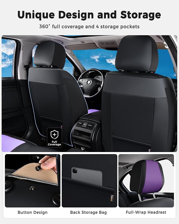 Huidasource Front Car Seat Cover, Luxury Faux Leather Leather Front Seat Covers, Compatible with Airbags, Seatbelt Buckles, Cooling＆Heating, Universal Fit for Most Cars Vans Trucks SUVs, Black＆Purple