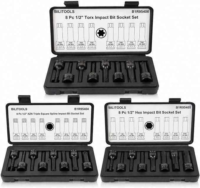 BILITOOLS 8-Piece Impact XZN Triple Square Spline Bit &Hex Allen Bit &Torx Bit Socket Set 1/2 inch Drive, M5-M18, Cr-Mo Steel