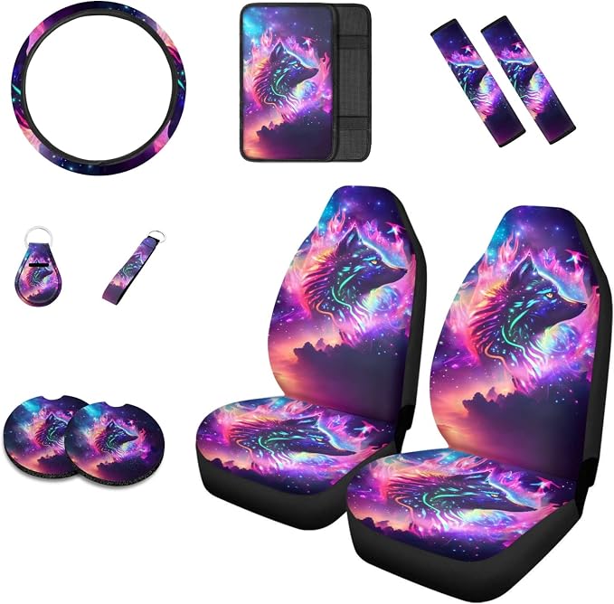 Howilath Galaxy Psychedelic Wolf Print Car Front Seat Cover Accessories 10pcs Center Console Cover and Flower Steering Wheel Covers for Women Men