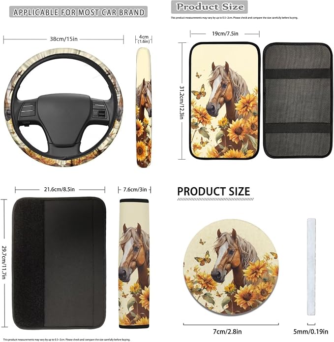 12pcs Auto Interior Set - Sunflower Butterfly Horse Car Seat Cover, Coaster, Sunflower Keychain, 15 Inch Steering Wheel Cover, Seatbelt Pad for Men Women Car Decor Accessory