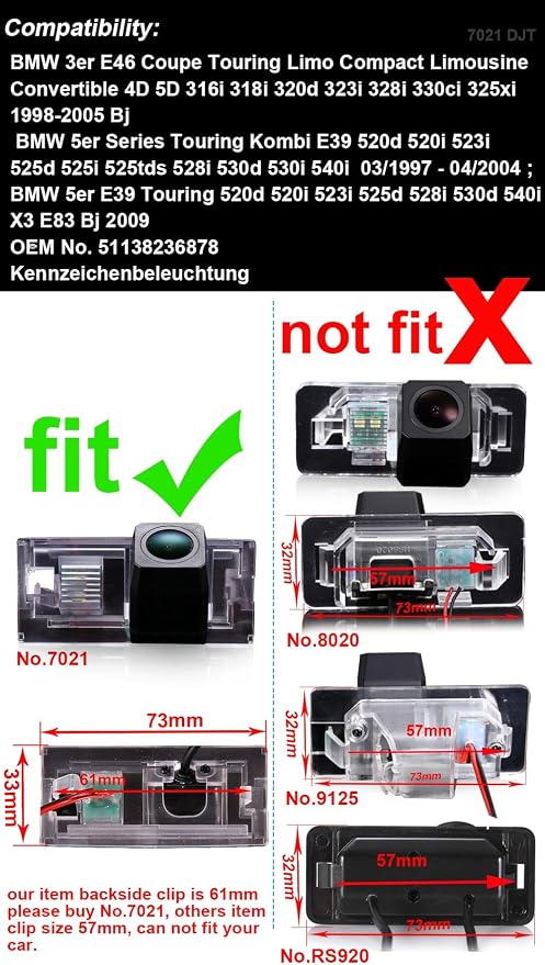 Car Backup Camera Replacement for BMW 3er E46 316i 318d 318i 320d 320i 323i 325i 325xi 328i 330d 330i 330xd 330xi 316Ti 318Ti 320td 325Ti 316Ci 318Ci 320Cd 320Ci 323Ci 325Ci M3 Compact Coupe Touring
