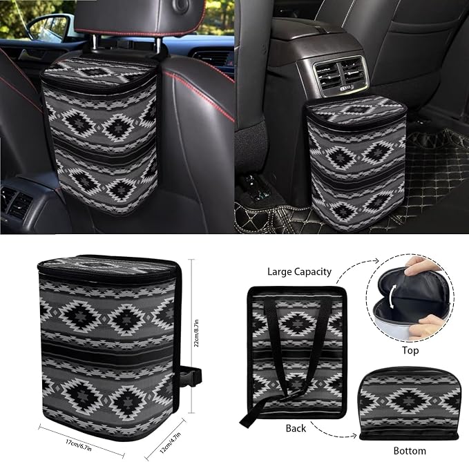 Wanyint Aztec Black 15 PCS Car Seat Cover Full Set, with Steering Wheel Cover Seat Belt Strap Cover Trash Cans Rear View Mirror Cover Cup Coaster Keychain Air Vent Storage Bag Car Decor Universal Fit
