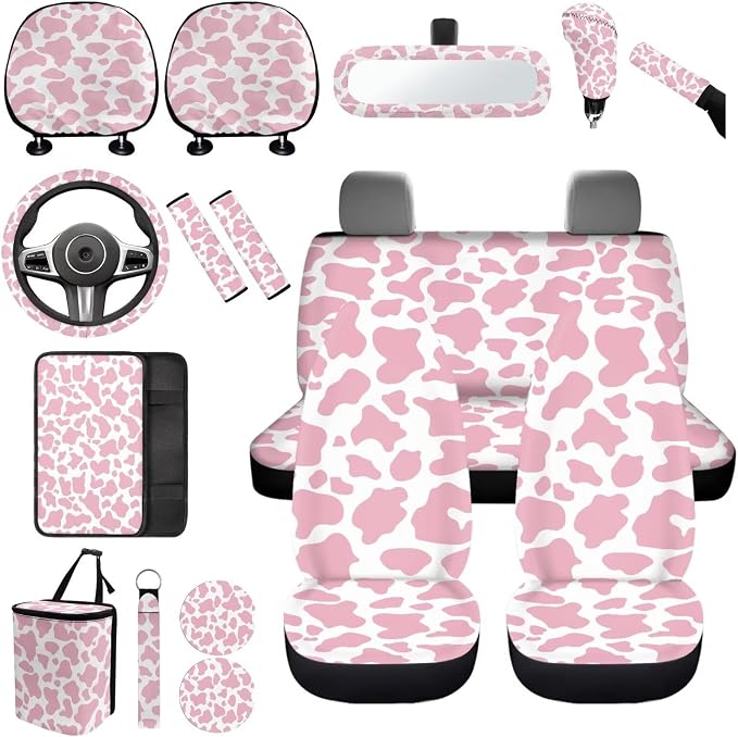 17 Pieces Pink Cow Print Car Seat Covers Full Set with Front and Split Rear Bench,Cow Print Car Accessories with Headrest Covers,Vehicle Trash Bag Universal Car Interior Decor,Fit Truck SUV