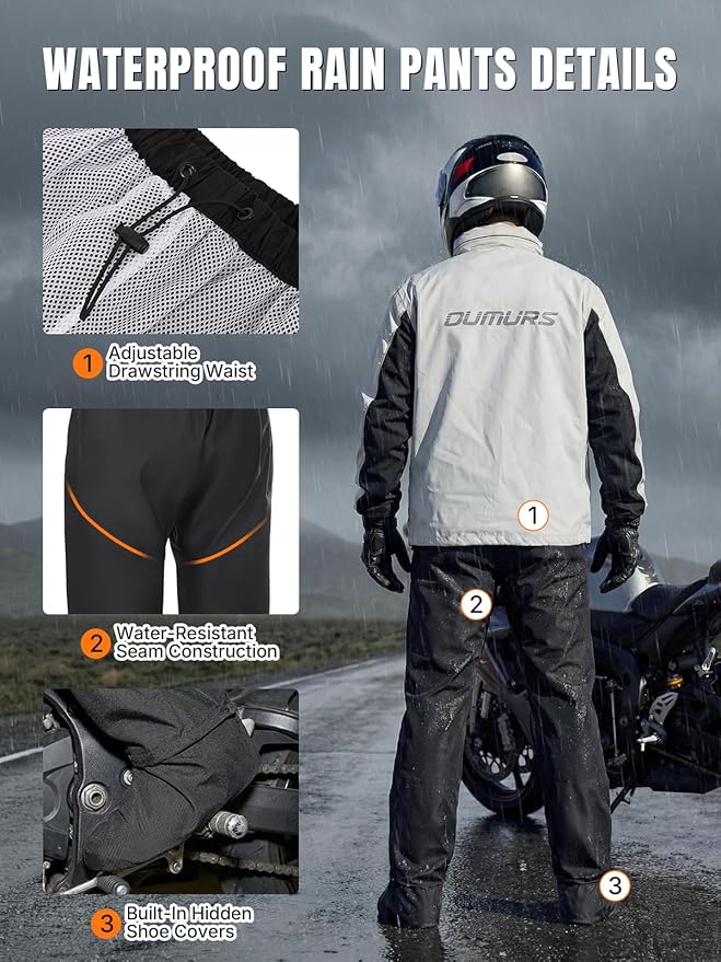 Oumurs Men's Motorcycle Rain Suit Waterproof Jacket & Pants with Reflective Strips, Breathable Mesh Lining Riding Raincoat