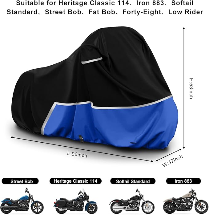 Waterproof Motorcycle Cover Replace for Harley Davidson Cruiser Models, 420D Oxford Cloth Softail, Dyna, Iron 883, Fat Boy 114, Forty-Eight, Low Rider, Sport Glide Cover for Snow Rain Protection