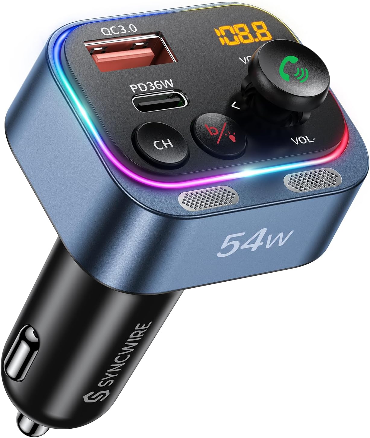 Syncwire Bluetooth 5.4 FM Transmitter Car Adapter 54W (PD 36W & 18W) [Fast Charging] [Stronger Dual Mics] [Light Switch] [HiFi Deep Bass] Wireless Radio Receiver Hands-Free Calling LED Display, Blue
