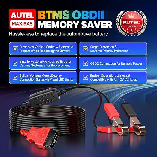 Autel OBD2 Memory Saver for Car Battery, 2026 MaxiBAS BTMS for All 12V Vehicles, Preserve ECU Code & Electronic Presets, Maintain PCM Data, Polarity Protection, Built-in Voltage Meter, LED Lights