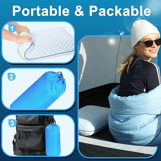 Camping Pillow with Memory Foam-Compressible Medium Firm, Ultralight Cooling Travel Pillow, Outdoor Pillows Ideal for Backpacking, Hiking, Camping, Airplane,Car, Small Beach Pillow with Washable Cover