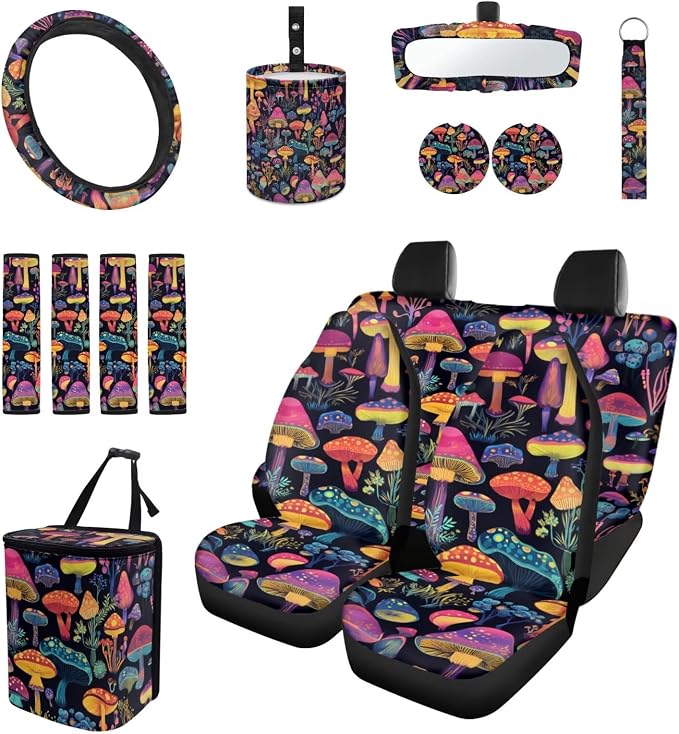15 Pcs Cute Mushroom Car Seat Cover Full Set for Women with Car Steering Wheel Cover Seat Belt Cover Trash Bin Front Rear View Mirror Car Cup Holder Keychain