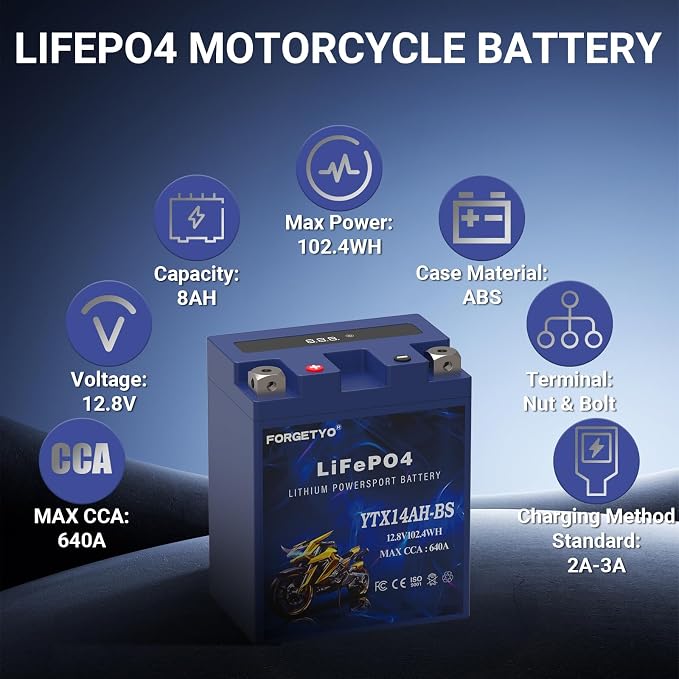 Lithium Motorcycle Battery, Forgetyo YTX14AH-BS 12V 8AH 640A LiFePO4 Lithium Battery, ATV, UTV, Jet Ski Battery