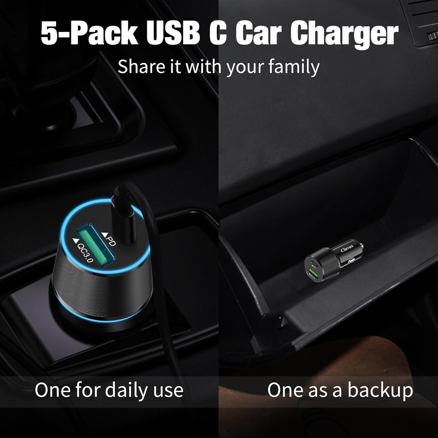 Cluvox 5 Pack USB C Car Charger, 38W Fast Charging for iPhone 16 Pro Max/Plus/16 SE/15/14/13, Samsung Galaxy S25 Ultra/S24/S23/A16/A15/A55, Google Pixel 9, 12V Type C Cigarette Lighter USB Charger