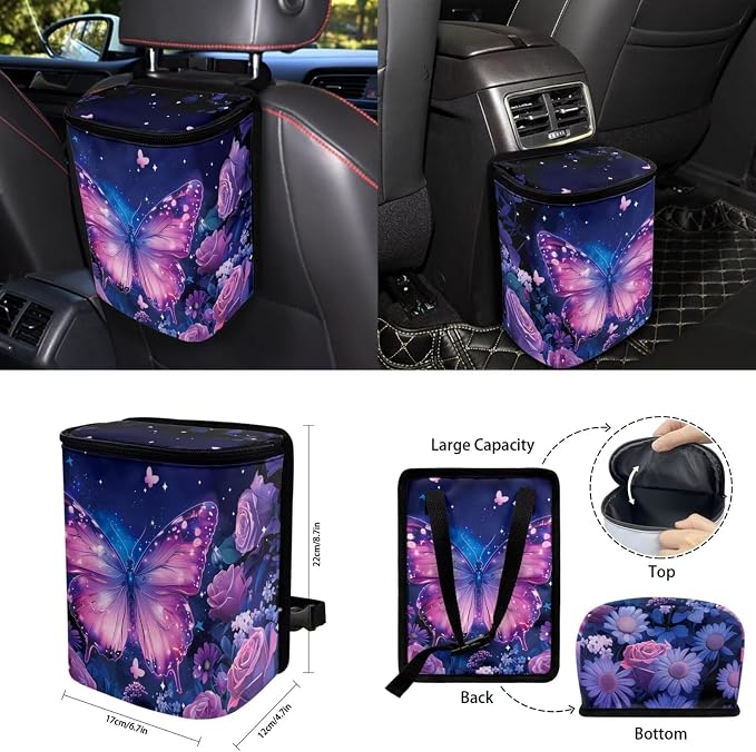 Purple Rose Butterfly 15Pcs Car Seat Cover Full Set Car Steering Wheel Cover Seat Belt Cover Trash Bin Front Rear View Mirror Car Cup Holder Keychain