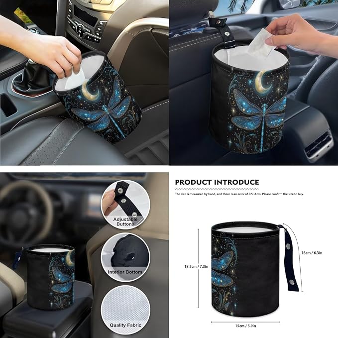 Dragonfly Moon Car Seat Covers Full Set for Women Goth Car Accessories - Steering Wheel Cover Seat Belt Pads Car Coasters Trash Bag Rearview Mirror Cover Keychain