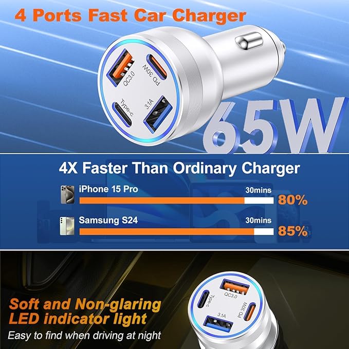 65W Car Phone Charger USB C, 5 Pack 4-Port Cigarette Lighter Adapter, 12V USB C Fast Car Charger Type C Car Adapter, Car Accessories for iPhone 17 16 15 14 13 12 Pro Max,Galaxy,Pixel,iPad,Android