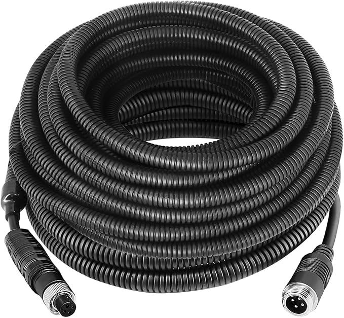 4 Pin Camera Cable with Corrugation Tube Cover, Aviation Extension, Video Cable for Backup Camera Rear View System RV Truck Trailer Bus Car Waterproof (65FT/20M)