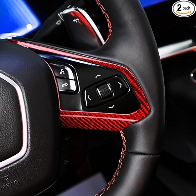 Real Carbon Fiber Steering Wheel Button Frame Covers - for Corvette C8 2020 2021 2022 2023 2024 2025 Carbon Fiber Accessories, Durable Anti-Scratch Protective Accessories (Red)