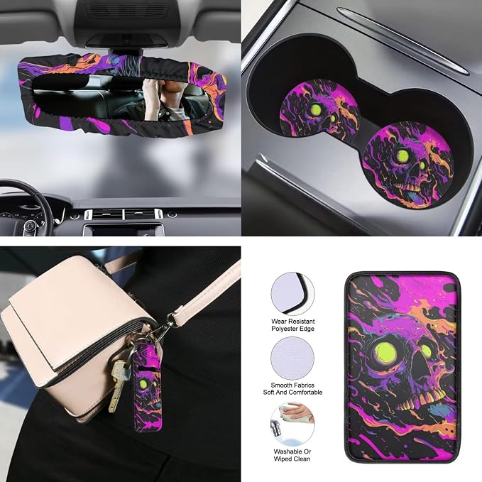 Skull Print 15Pcs Automotive Seat Covers Full Set Universal Car Front Rear Seat Covers with Decorative Steering Wheel Cover Center Console Pad Safety Belt Pads Headrest Protectors