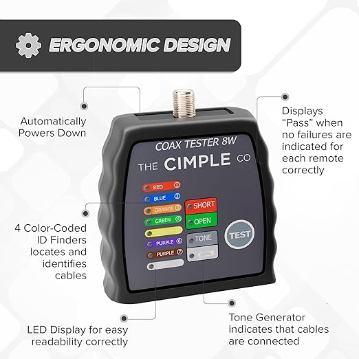 THE CIMPLE CO Coax Cable Tester, Tracer, and Toner - 8-Port Coaxial Cable Mapper and Locator with Color-Coded Remotes - Wire Tracer and Continuity Tester for Up to 8 Locations - 8 Ports, Black