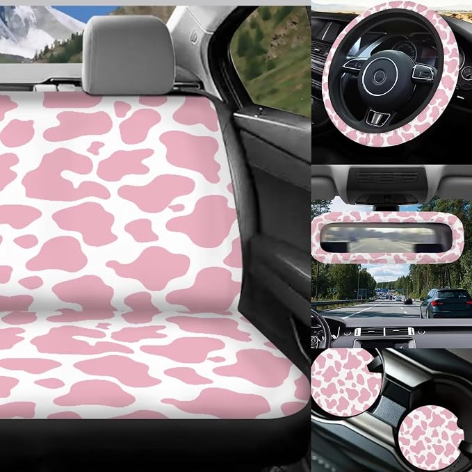 17 Pieces Pink Cow Print Car Seat Covers Full Set with Front and Split Rear Bench,Cow Print Car Accessories with Headrest Covers,Vehicle Trash Bag Universal Car Interior Decor,Fit Truck SUV