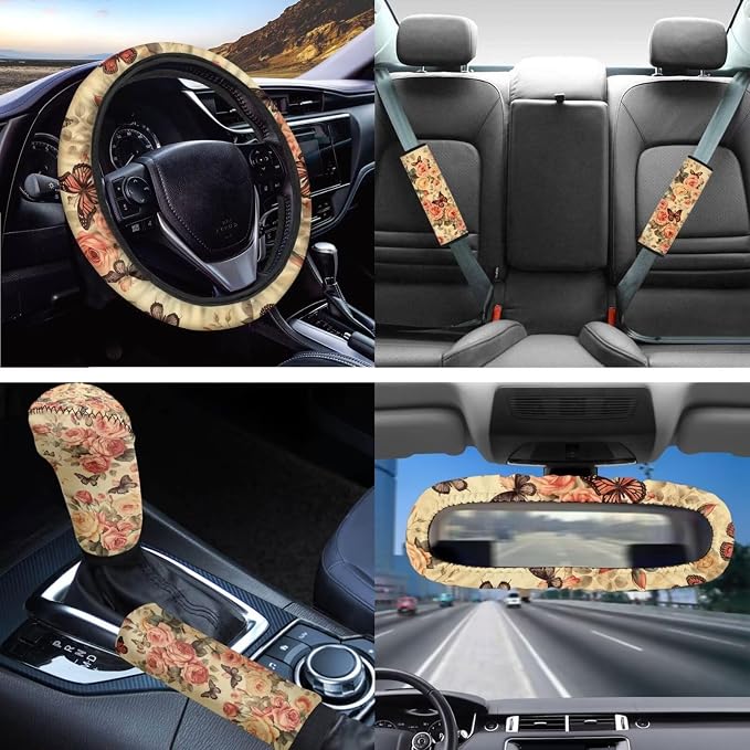Rose Car Seat Covers 14Pcs, Butterfly Retro Rose Automotive Seat Covers Accessory Full Set with Keychain+Steering Wheel Cover+Auto Mirror Cover+Cup Holder Mat