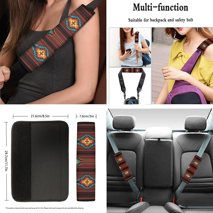 AFPANQZ Vintage Aztec Graphics Car Seat Covers - Full Set with Steering Wheel, Gear Shift Knob, Handbrake Covers, Seat Belt Shoulder Pads, Cup Holder - Universal 11 Piece Gift - Brown & Red