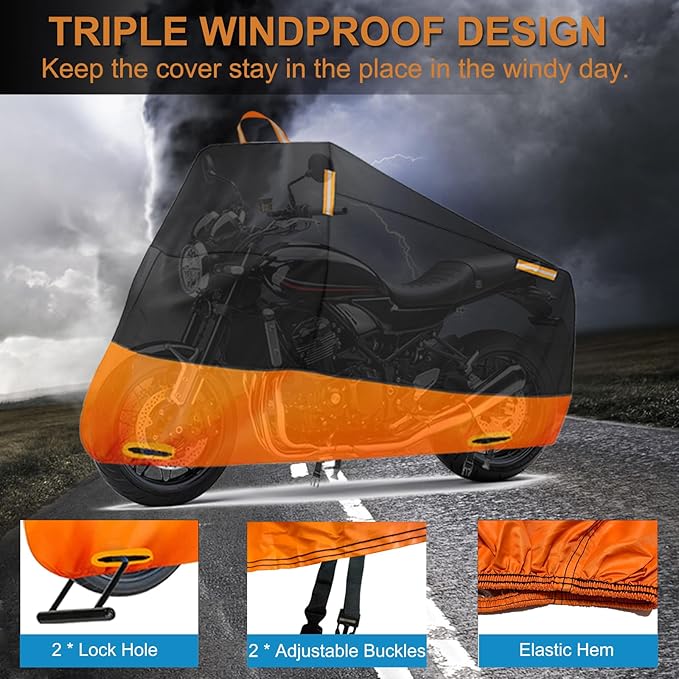 Motorcycle Cover Waterproof Outdoor, 300D Heavy Duty Motorcycle Cover for Harley Davidson Sportster 1200 883 Fat Boy 114 Street Bob, All Seasons Protection Scooter Cover Fits up to 96"
