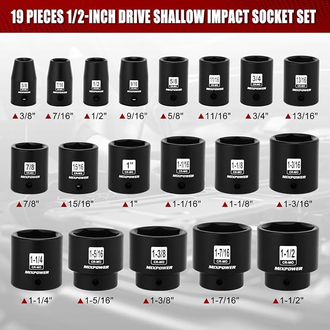 MIXPOWER 19 Piece 1/2-Inch Drive Standard Impact Socket Set, SAE, Shallow, 3/8" to 1-1/2", Cr-Mo Alloy Steel, Radius Corner Design, Impact Grade