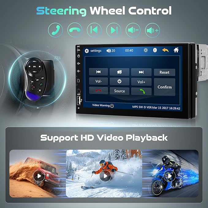 Single Din Touch Screen Car Radio with Bluetooth, 7 Inch HD LCD Screen Car Radio 1 Din with Mirror Link EQ FM Radio SWC, Car MP5 Player 1 Din Support USB/U Disk/SD Card/Type-C Charging + Camera