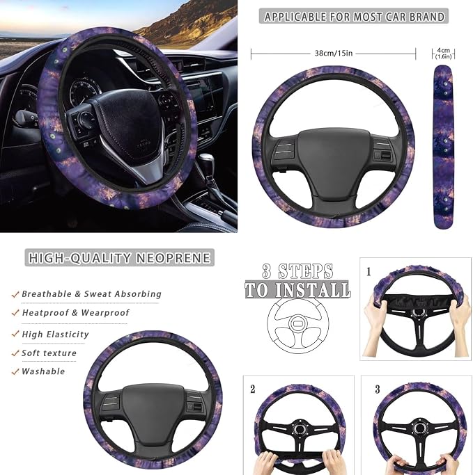 Cute Black Cat Car Interior Accessories for Women, Car Seat Covers Full Set with Auto Steering Wheel Cover Center Console Pad Seat Belt Covers, Auto Decorations Set of 8