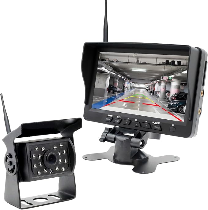 Vehicle 720P Digital Wireless Backup Camera System 1024X600 7-inch AHD IPS Monitor DVR Loop Recorder+IP69K Waterproof IR Wireless Reversing Camera Dash Camera for Truck Bus RV Trailer Car