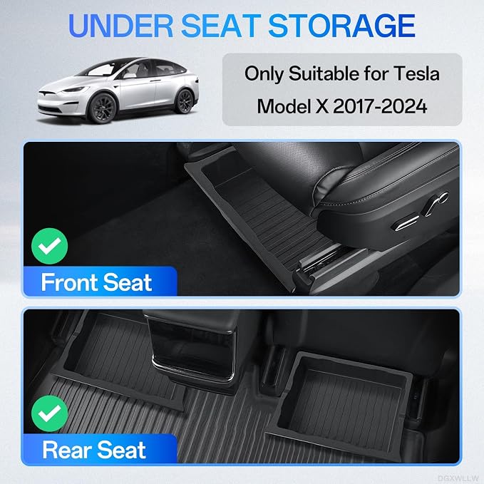 Under Seat Storage Box Organizer for Tesla Model X 2017-2024 | Hidden Underseat Organizer Bins for Tesla Model X TPE Waterproof Front and Back Under Seat Storage Tray Accessories, 2 Pack