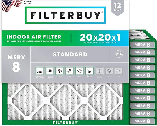 Filterbuy 20x20x1 Air Filter MERV 8 Essential Dust & Allergy Defense (12-Pack), Electrostatic Pleated HVAC AC Furnace Filters Replacement (Actual Size: 19.50 x 19.50 x 0.75)