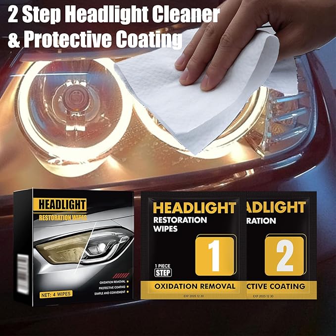 Headlight Restoration Wipes Kit, 2 Step Headlight Cleaner & Protective Coating Wipes, Removes Oxidation & Yellowing, Restores Clarity & Shine,Headlight Polish no Power Tools Required (5PCS)