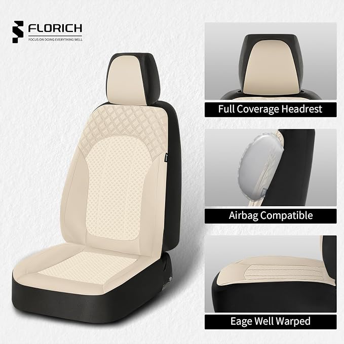FLORICH Seat Covers Full Set Automotive Seat Covers Front and Rear Car Seat Cover Leather Air Mesh Seat Cushion 5 Seats Airbag-Compatible Universal Fit for Most Car SUV Sedan Truck, Beige