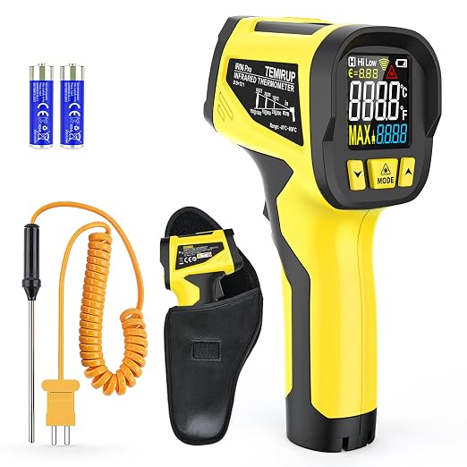 Infrared Thermometer Gun, TEMIRUP Digital Laser Thermometrer Temperature Gun with Probe, -40°F to 1472°F, IR Temp Gun with Color LCD for Cooking, Pizza Oven, Griddle Grill, Adjustable Emissivity