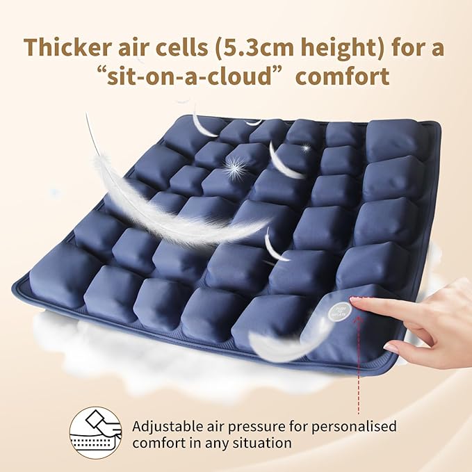 Inflatable Seat Cushion with Built-in Pump for Airplane Travel, Car & Office Chair - Portable Air Pad for Sciatica, Coccyx & Tailbone Pain Relief - 3D Air Cell Support for Long Sitting, 0.8lbs