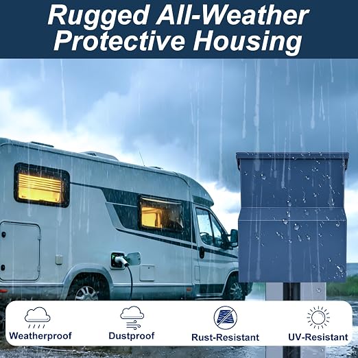 RV Electrical Panel with Breaker, Temporary Power Outlet Box, UL 50 20 Amp Receptacles, Outdoor Weatherproof Metal Enclosure, Easy Setup for Campers, Travel Trailers, Mobile Homes (Blue)
