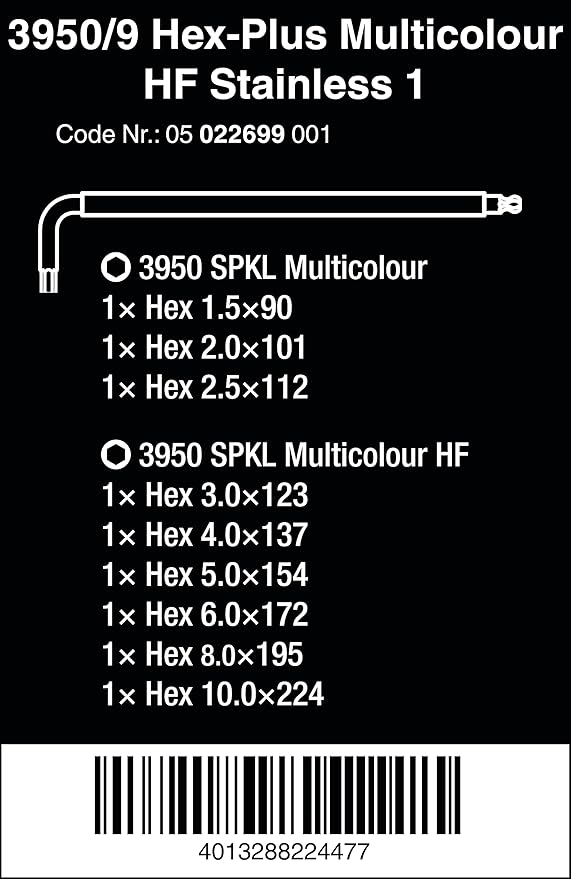 Wera - 05022699001 - L-key set, 3950/9 Hex-Plus Multicolour HF Stainless 1 L-key set, metric, stainless steel, with holding function, 9 pieces