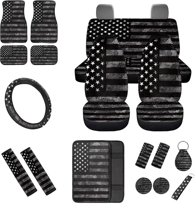 Gray American Flag Car Seat Covers Full Set Floor Mats Steering Wheel Cover Shoulder Pads Armrest Pad Roof Gloves Cup Coaster Keychain Automtovie Interior Accessories Set of 18