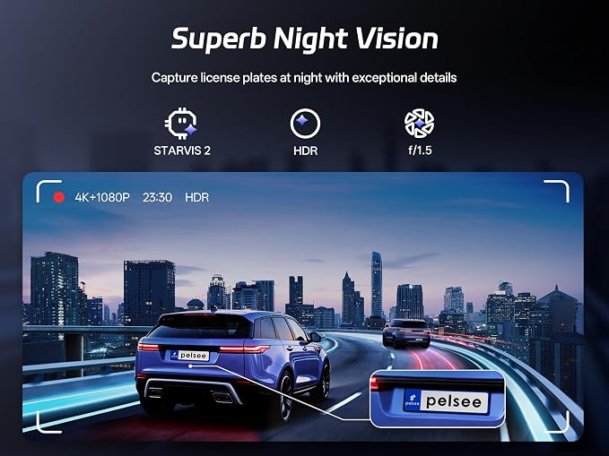 Pelsee S12 Pro Mirror Dash Cam with STARVIS 2 Sensor, Rear View Mirror Camera 5.8GHz WiFi, 4K Front and 1080P Rear Backup Camera for Car, ADAS, Voice Control, Color Night Vision, 64G Meomory Card