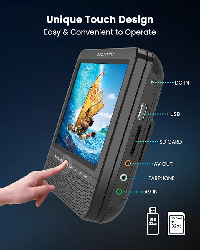 WONNIE 7.5'' Car DVD Player Dual Screen, Headrest DVD Player Play the Same or Two Different Movies with Headrest Straps, Support Last Memory, AV Out/in, USB/SD, All Regions