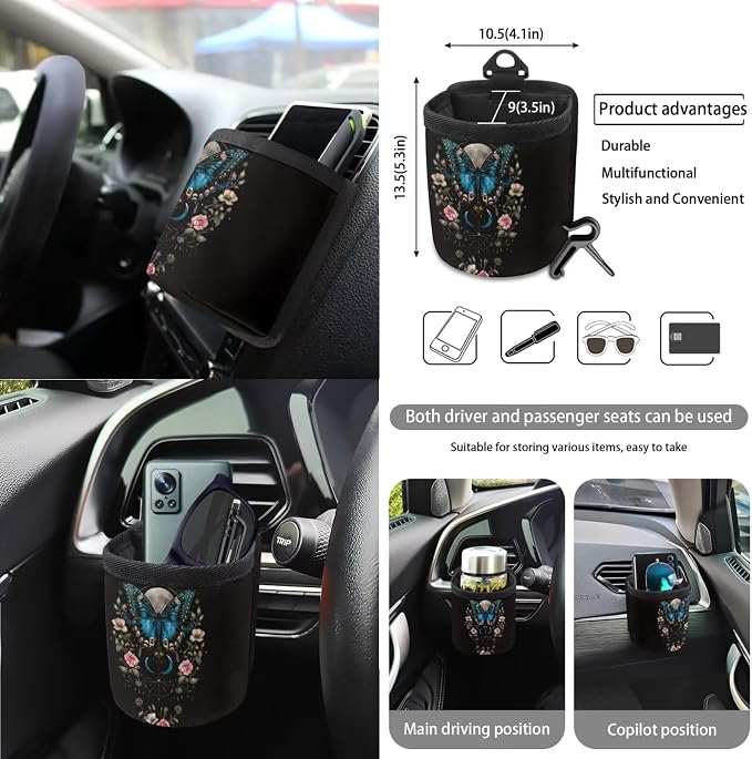 Butterfly Rose Moon Flower Pattern Car Accessories Set of 15, Full Set Seats Covers, Auto Streering Wheel Cover Trash Bin, Seat Belt Cover Keychain Coasters Air Vent Storage Bag