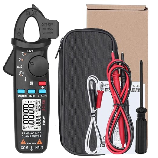 BSIDE DC Clamp Meter 1mA Current True RMS Auto-Ranging 6000 Counts Digital Multimeter Hz Temp Cap Ohm Live Check V-Alert Low Impedance Voltage Tester with Back Clip